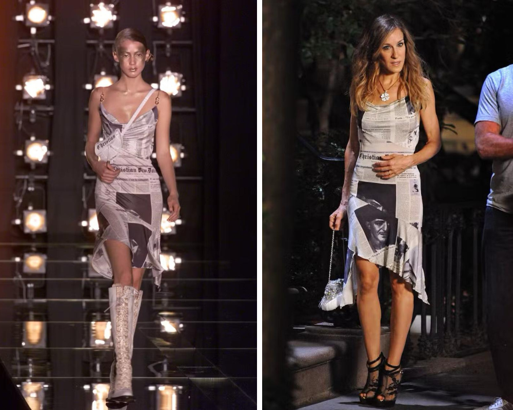 Desfile da Dior em 2000 e Sarah Jeswsica Parker, como Carrie Bradshaw (Fotos: Divulgação)