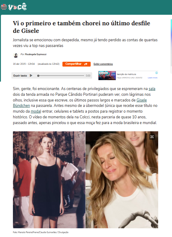 Matéria do último desfile de Gisele Bündchen no SPFW publicada no Portal Terra (Foto: Reprodução)