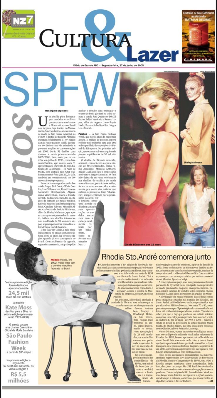 Matéria do DGABC de 2005, em que aparece Gisele. Shirley Mallmann e Kate Moss, em edições passadas do evento (Foto: Reprodução)