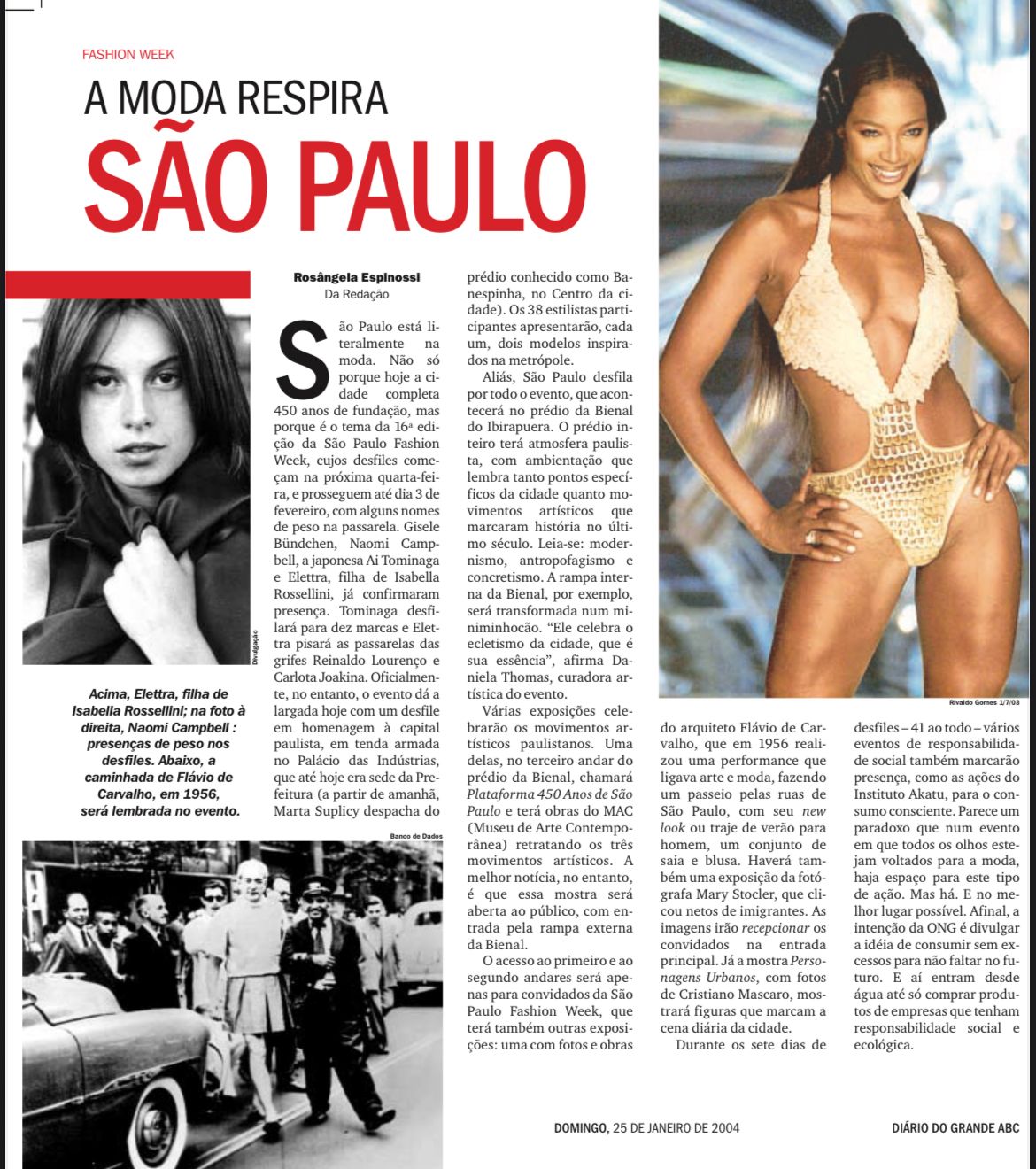 Matéria do DGABC de janeiro de 2004, com Naomi Campell para a Rosa Chá em destaque (Foto: Reprodução)