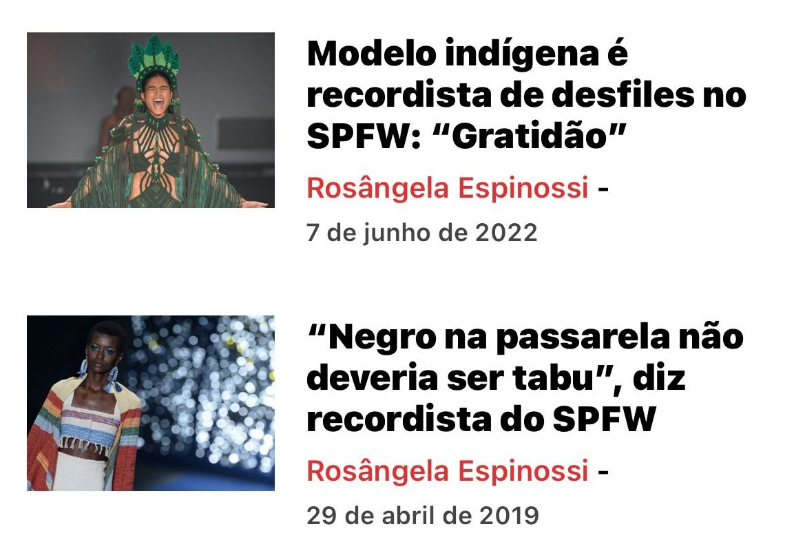 Chamadas das matérias sobre modelos indígena e negra nos desfiles de SPFW em 2022 (Foto: Reprodução)