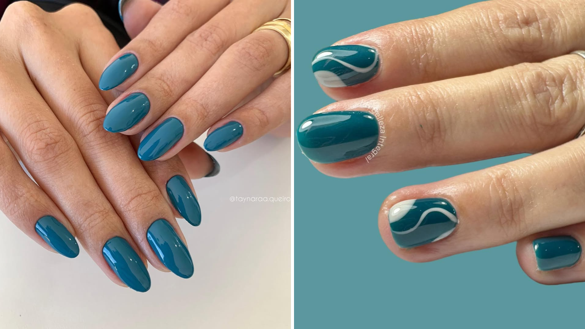 Transformative Teal para unhas verão 2026 (Foto: @taynaraqueirozr/@lh_nailartist/Instagram/Reprodução)