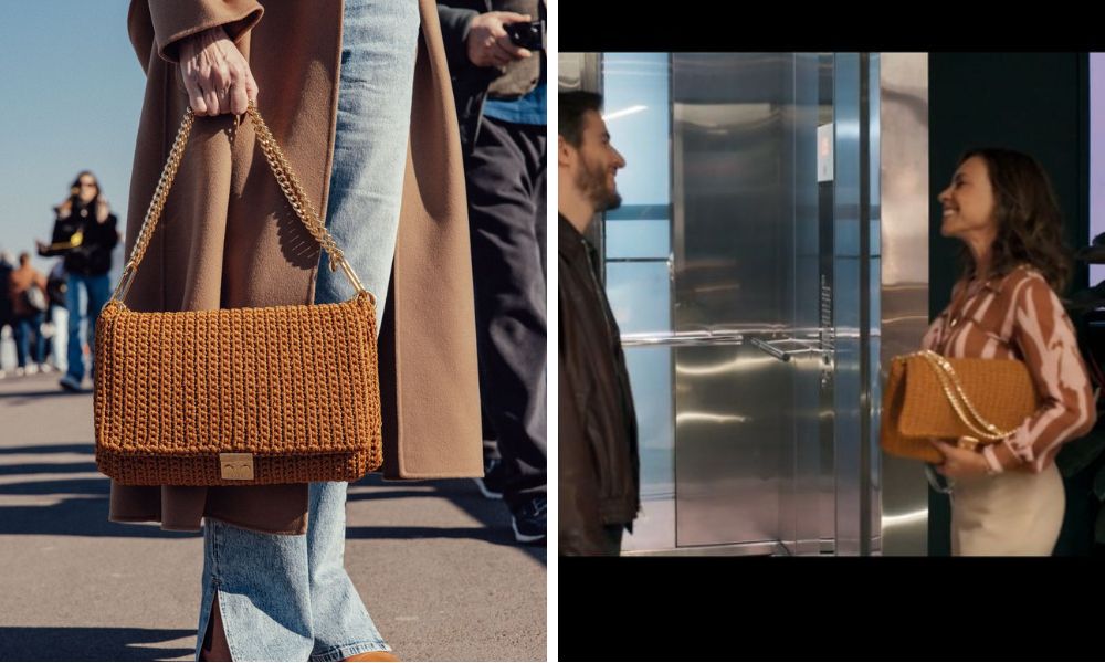 Carla Marins e a bolsa de crochê (Fotos: Divulgação/Reprodução)