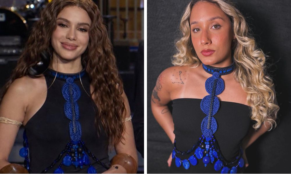 Anitta e o enfeite azul usado no Saturday Night Live (Fotos: Reprodução/Instagram)