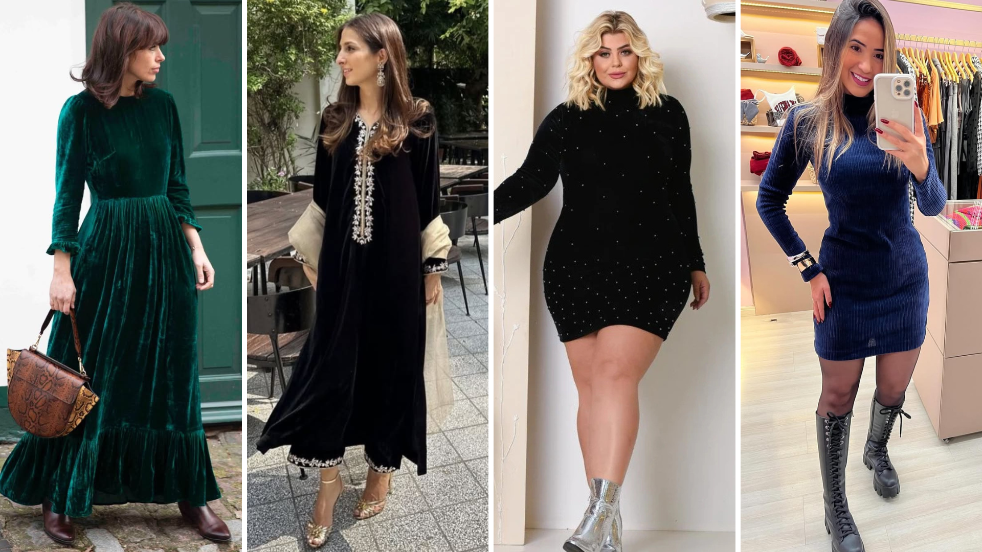 Vestido de veludo (Fotos: @dailydressedit, @fellowpakistan, @regilda_fashion._ e @closetdapribh/Instagram/Reprodução)