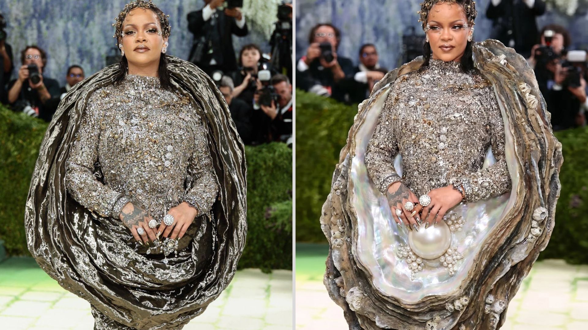 Rihanna no Met Gala 2026 (à esquerda) e criação por IA de Rick Dikc (à direita) -Foto: Reprodução/Instagram