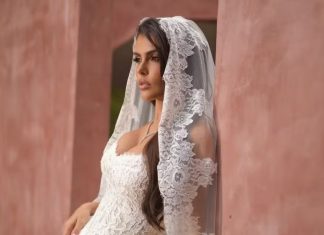 Grávida, Isabella Arantes se casa com Gabriel Medina e aposta em vestido de inspiração espanhola com renda rebrodê e mantilha Isabella Arantes (Foto: Reprodução/Instagram/@ateliersilviafregonese)