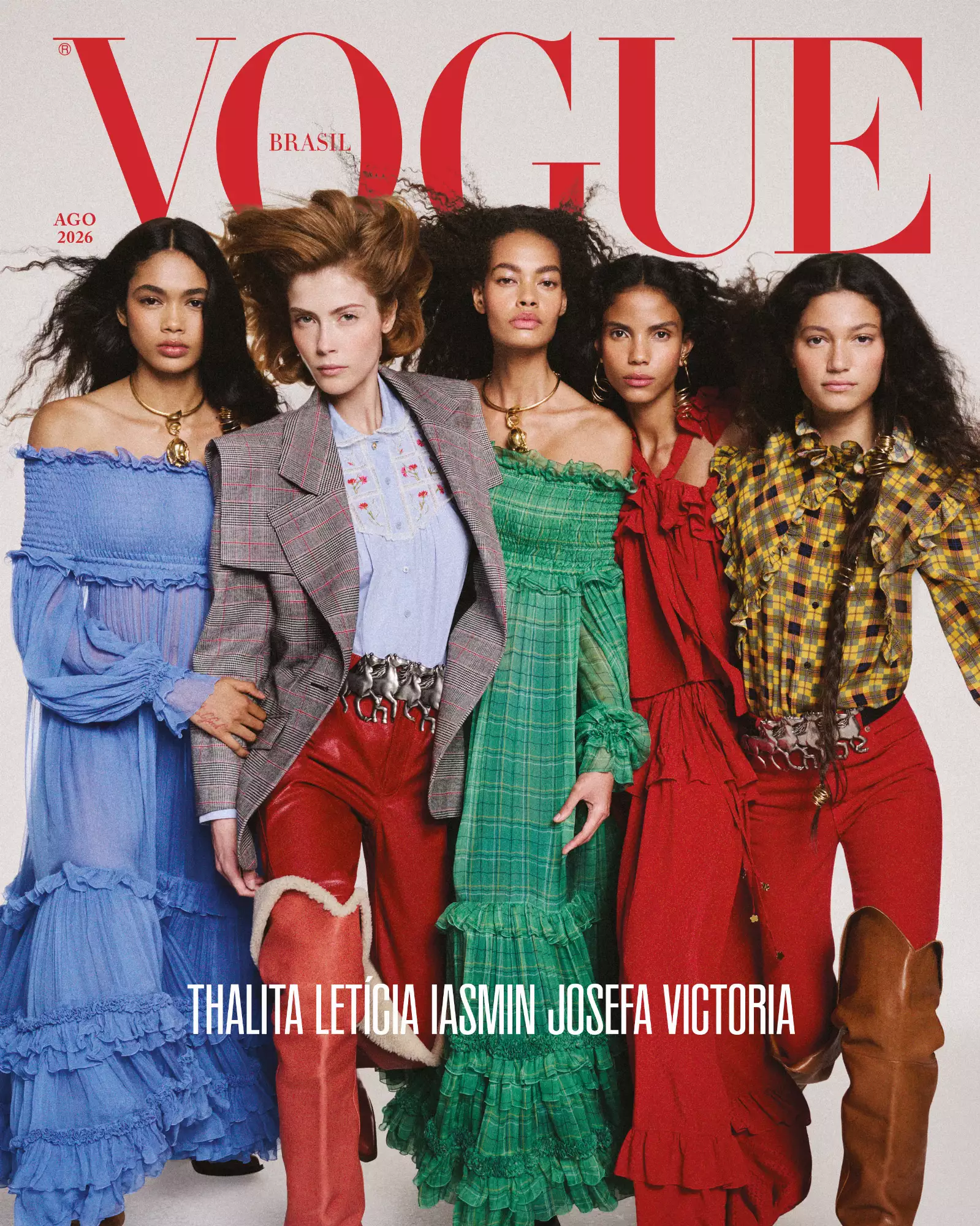 Thalita Ferreira, Letícia Hall, Iasmin Reis, Josefa Santos e Victoria Blecher para a Vogue de agosto de 2026 (Foto: Nicole Heiniger/Vogue Brasil/Divulgação)