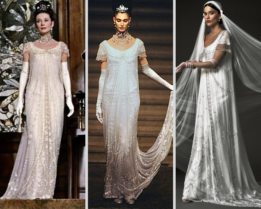 Audrey Hepburn, desfile de 1997 da Givenchy e Theresa Fonseca xom o vestido de noiva que teve os outros como inspiração (Fotos> Reprodução/Instagram/@llufre)