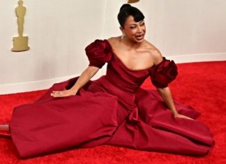 Oscar 2024: atriz se desequilibra e leva tombo no tapete vermelho Liza Koshy (Foto: E!Enternaiment/Reprodução/Instagram)